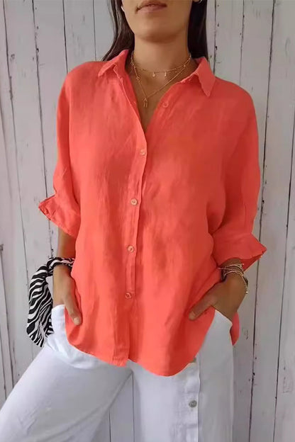 Frenulum Buttons Slit Turndown Collar Blouses(7 Colors)
