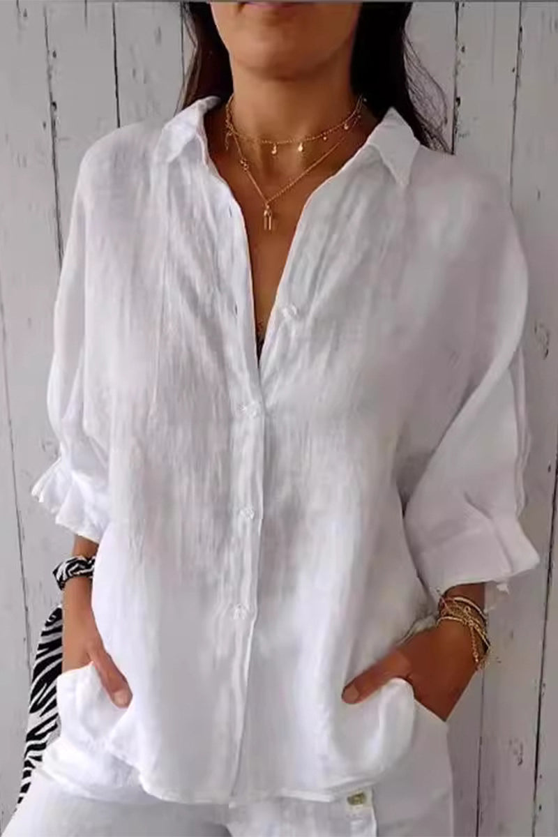 Frenulum Buttons Slit Turndown Collar Blouses(7 Colors)