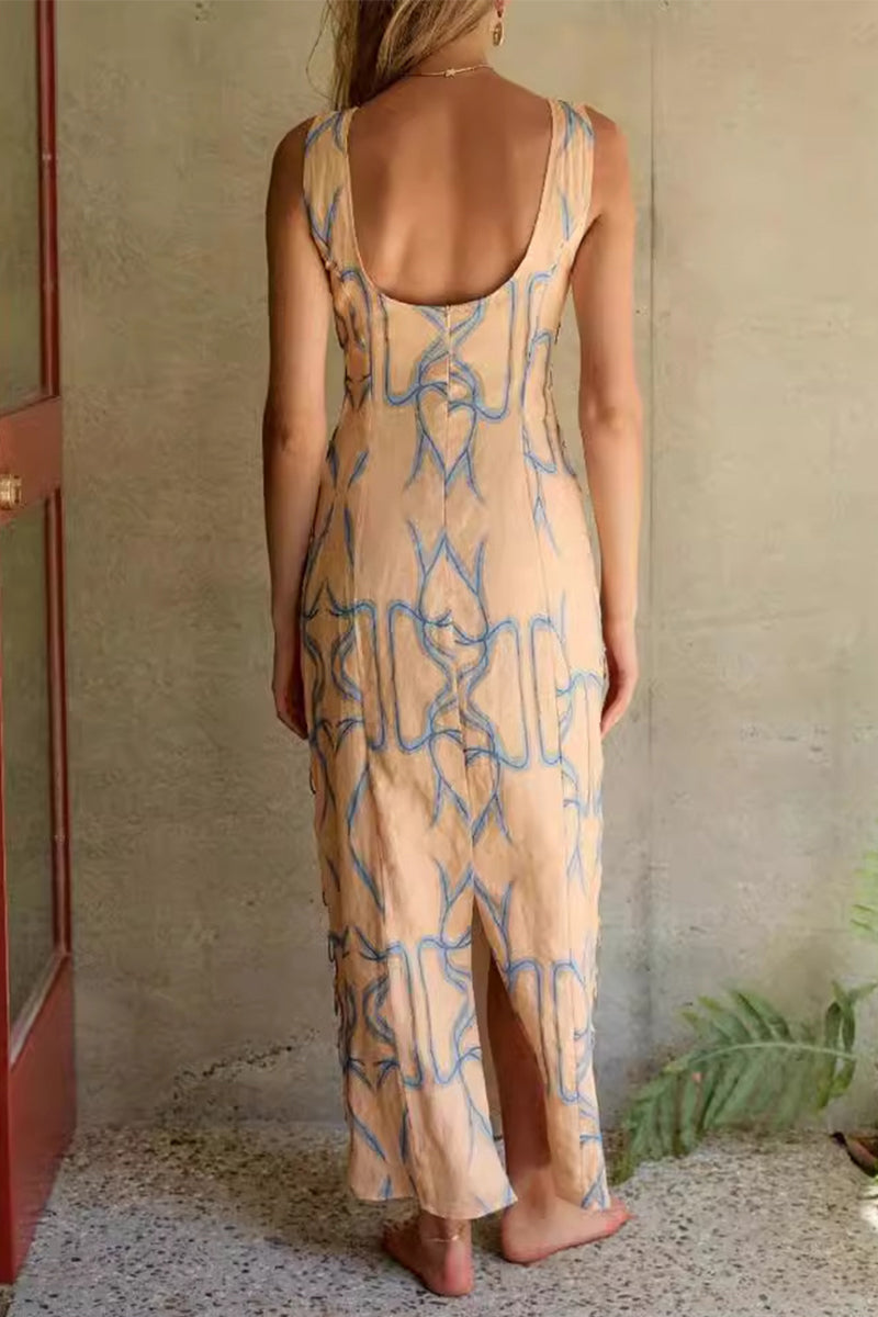Geometric Metal Accessories Decoration Backless O Neck One Step Skirt Dresses