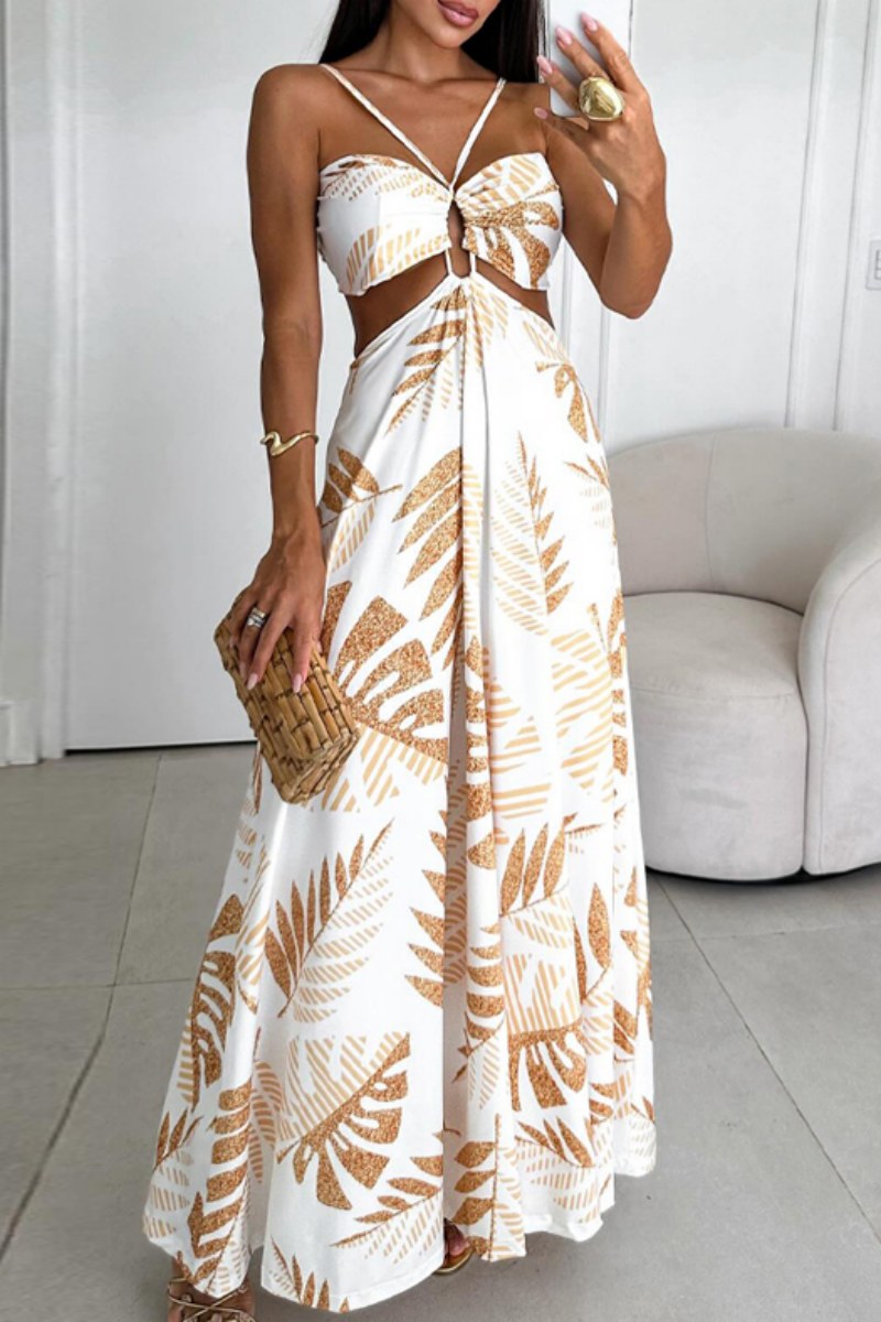 Print Backless Spaghetti Strap Long Dresses