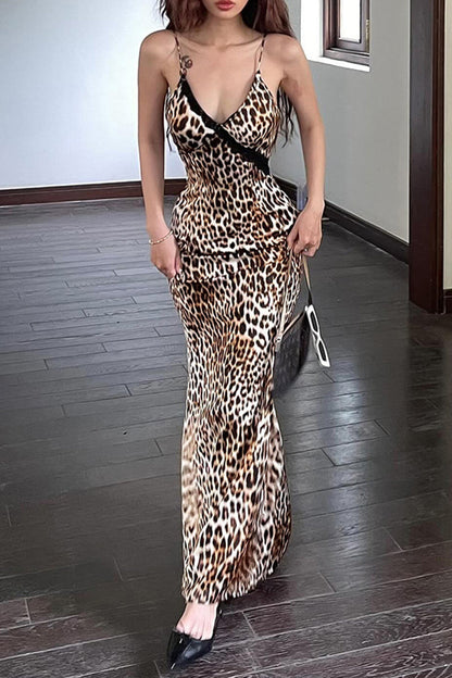 Leopard Backless V Neck One Step Skirt Dresses