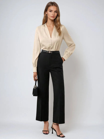 Deep V Neck Satin Long Sleeve Blouse for Business Elegance