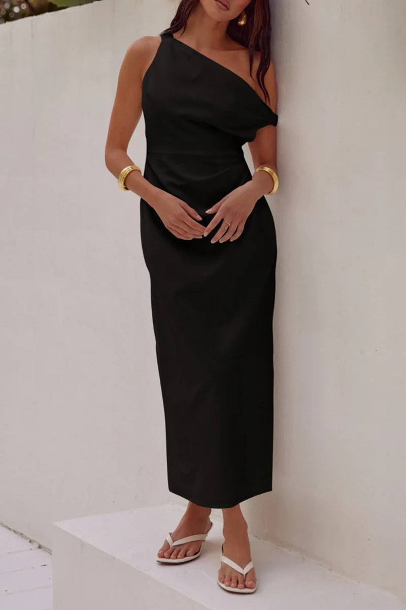 Asymmetrical Oblique Collar One Step Skirt Dresses(4 Colors)