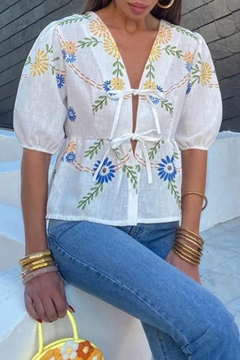Not Positioning Printed Flowers Frenulum V Neck Blouses