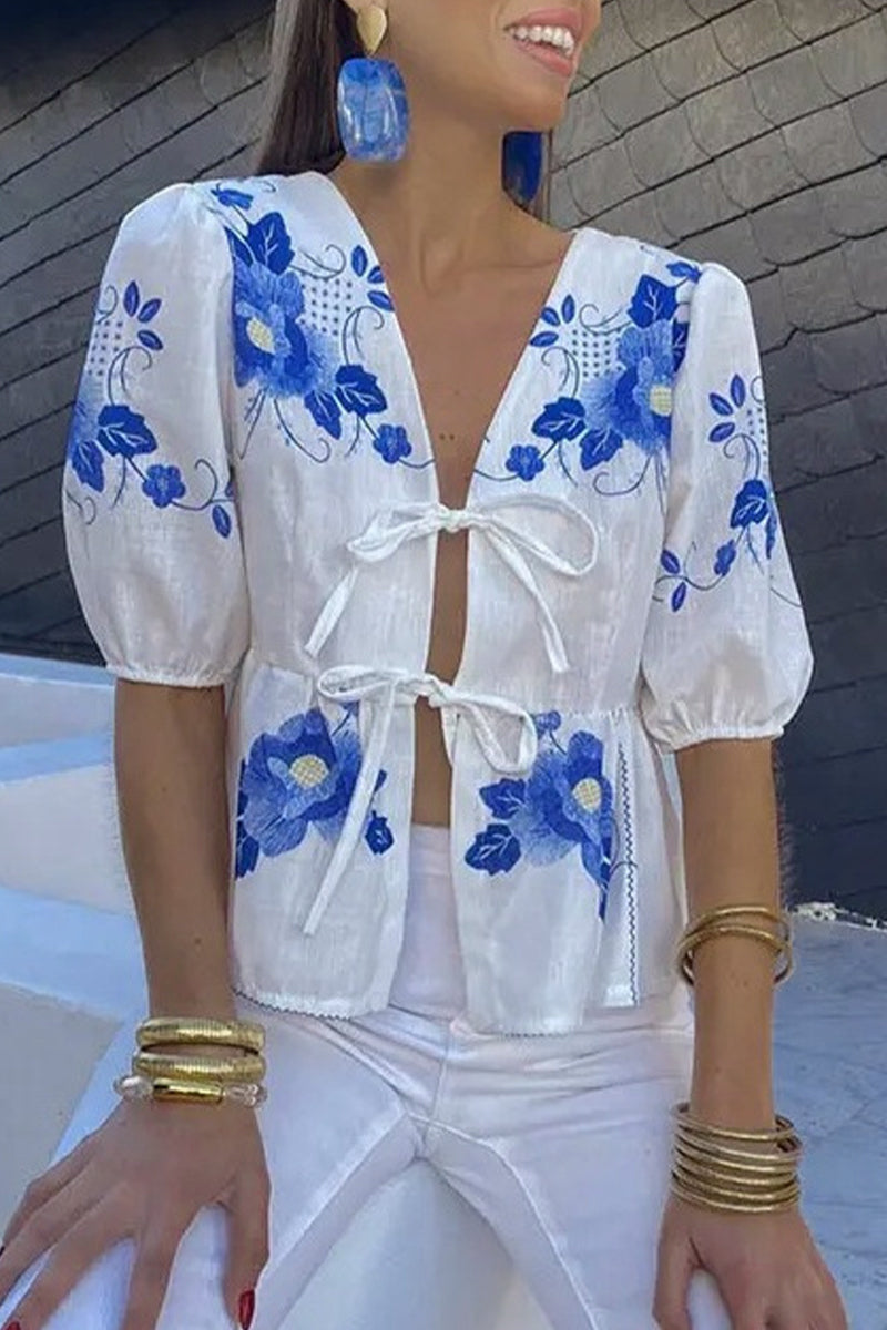 Not Positioning Printed Flowers Frenulum V Neck Blouses