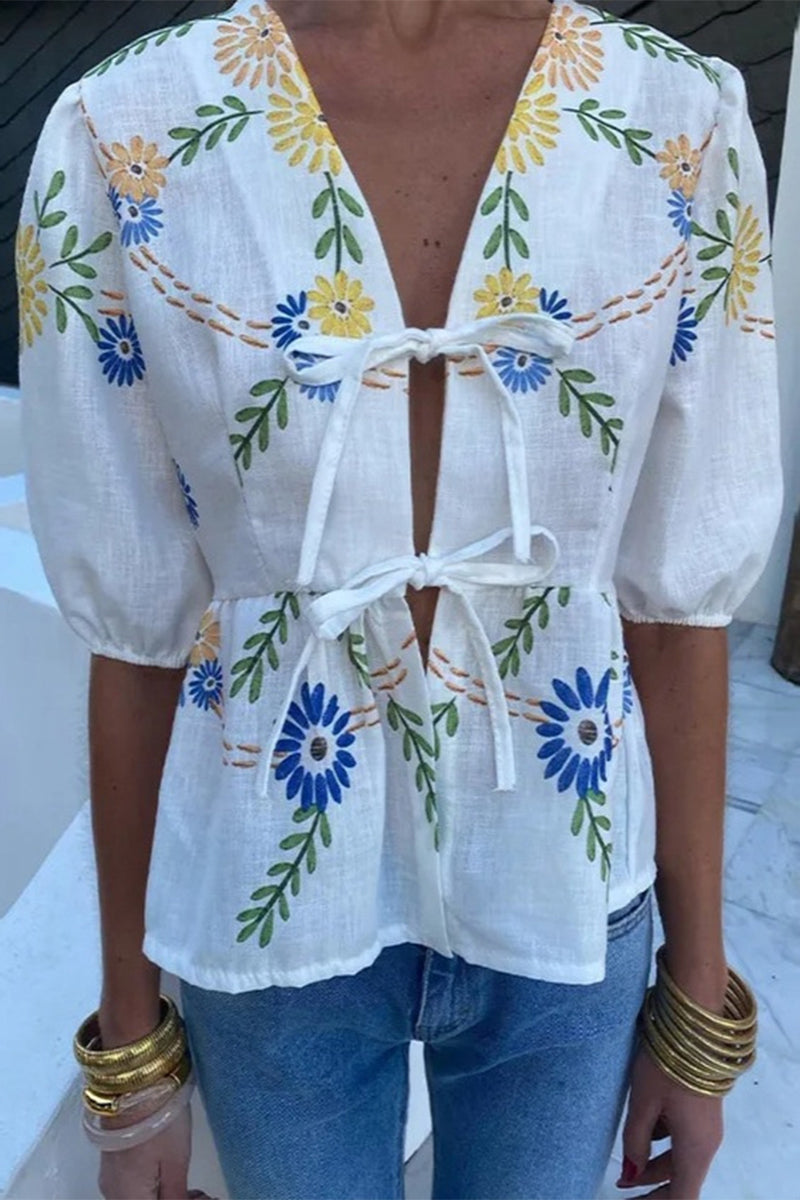 Not Positioning Printed Flowers Frenulum V Neck Blouses