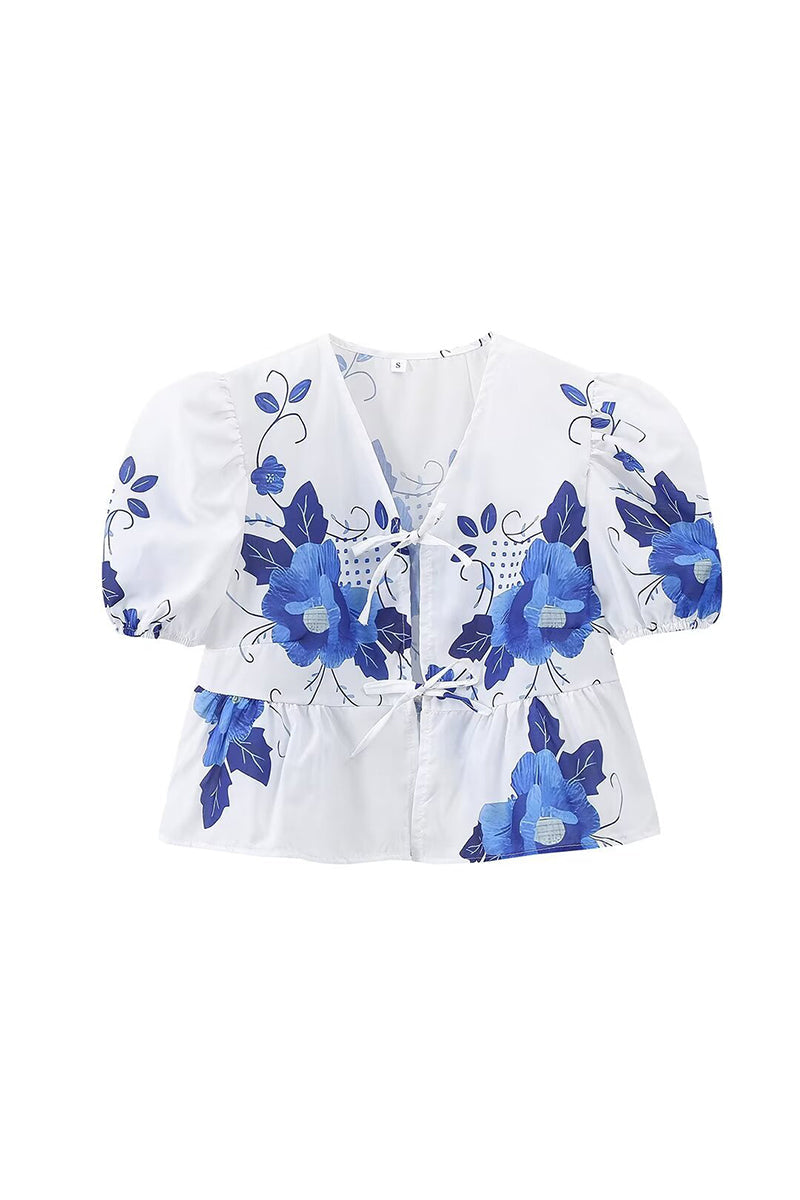 Not Positioning Printed Flowers Frenulum V Neck Blouses