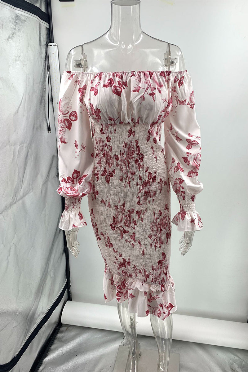 Flowers Patchwork Fold Off the Shoulder Wrapped Skirt Dresses