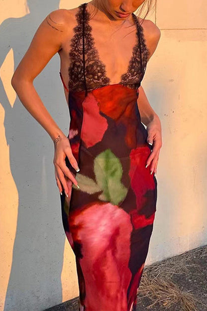 Print Leopard Flowers Lace Backless Halter One Step Skirt Dresses