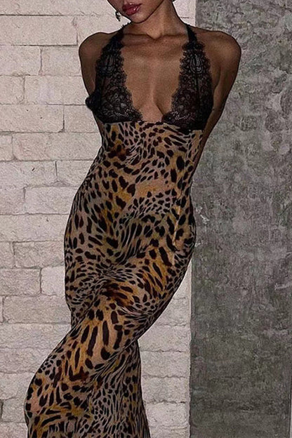 Print Leopard Flowers Lace Backless Halter One Step Skirt Dresses