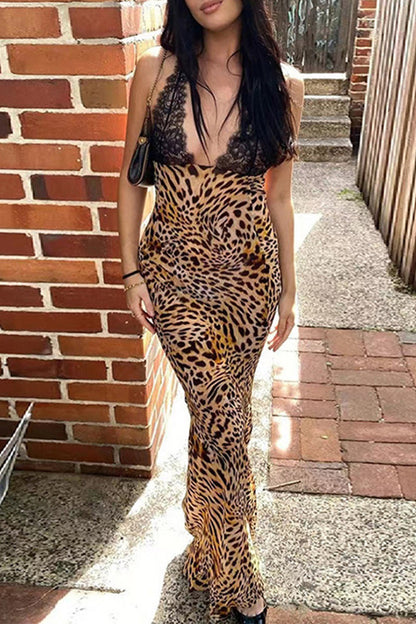 Print Leopard Flowers Lace Backless Halter One Step Skirt Dresses
