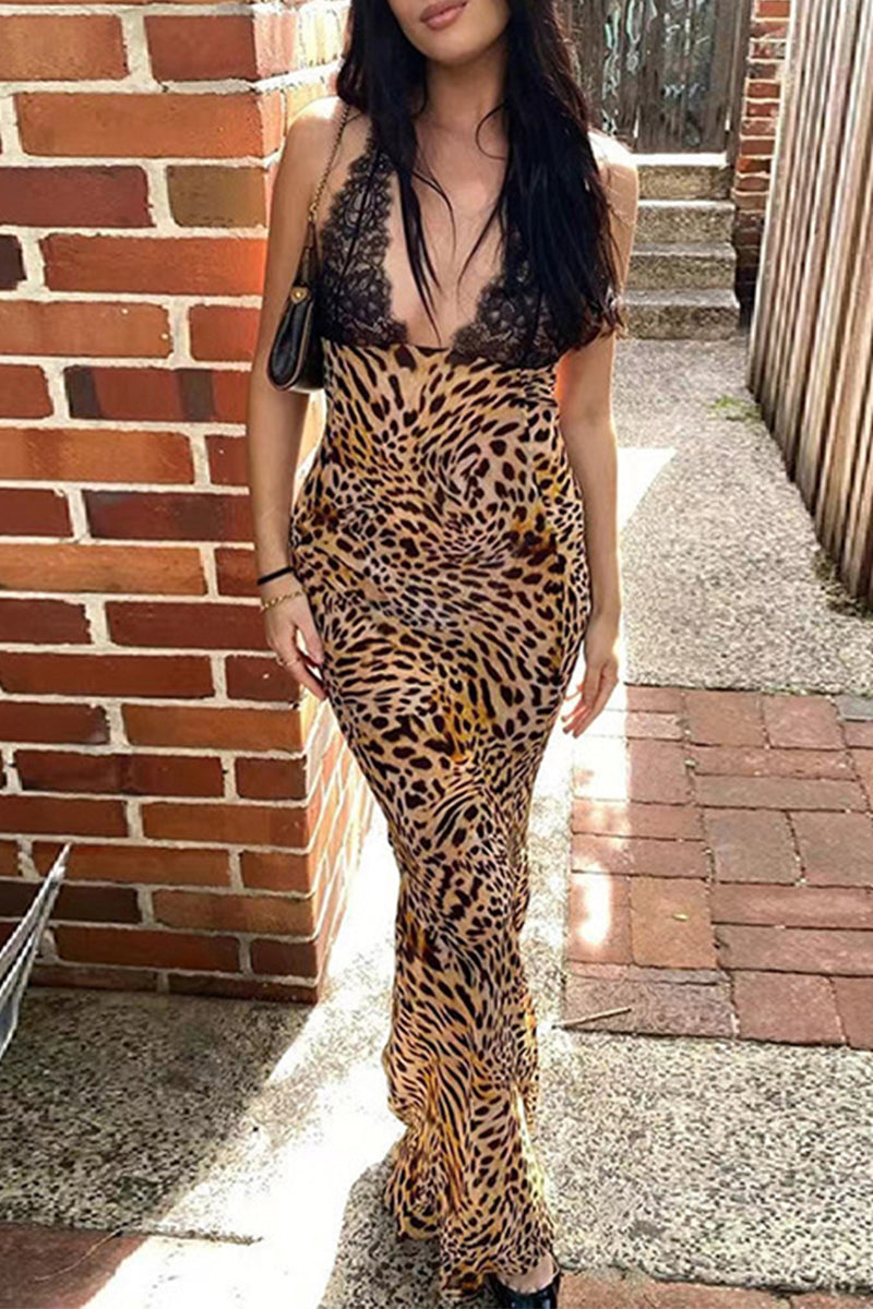 Print Leopard Flowers Lace Backless Halter One Step Skirt Dresses
