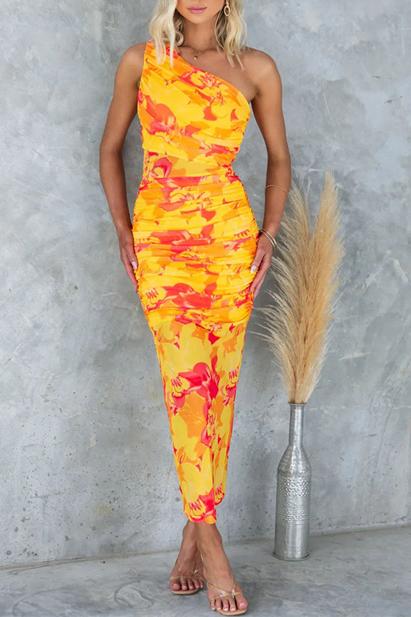 Gradient Print Fold Oblique Collar One Step Skirt Dresses