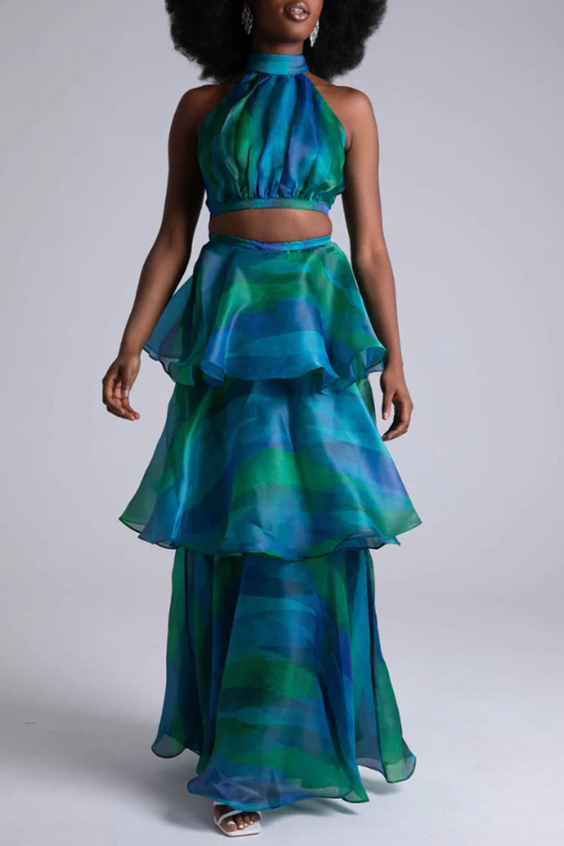 Gradient Print Stringy Selvedge Turtleneck Cake Skirt Dresses