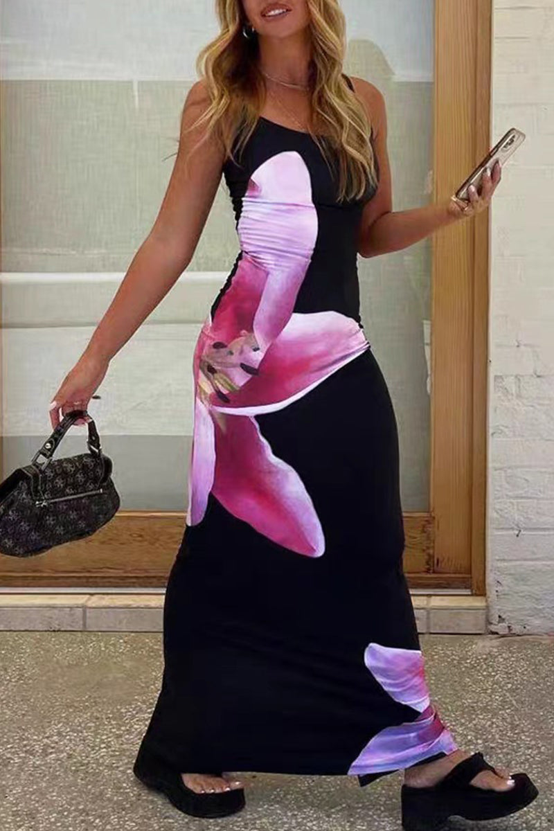 Print Flowers U Neck One Step Skirt Dresses