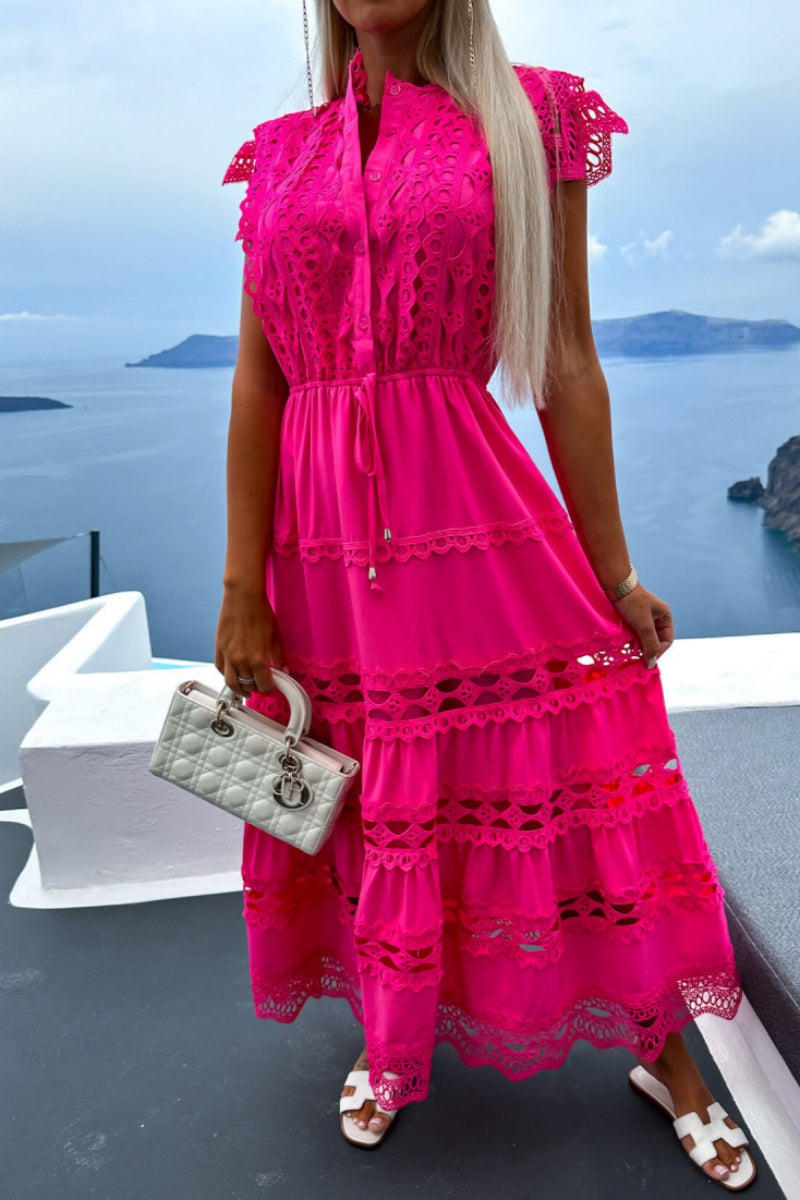 Patchwork Buttons O Neck Long Dresses