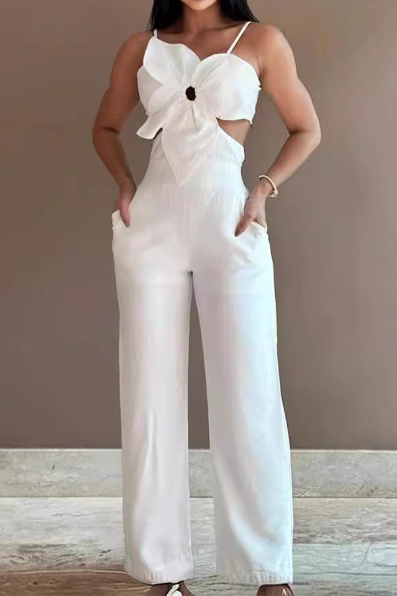 Hollowed Out Pocket Flowers Regular Jumpsuits