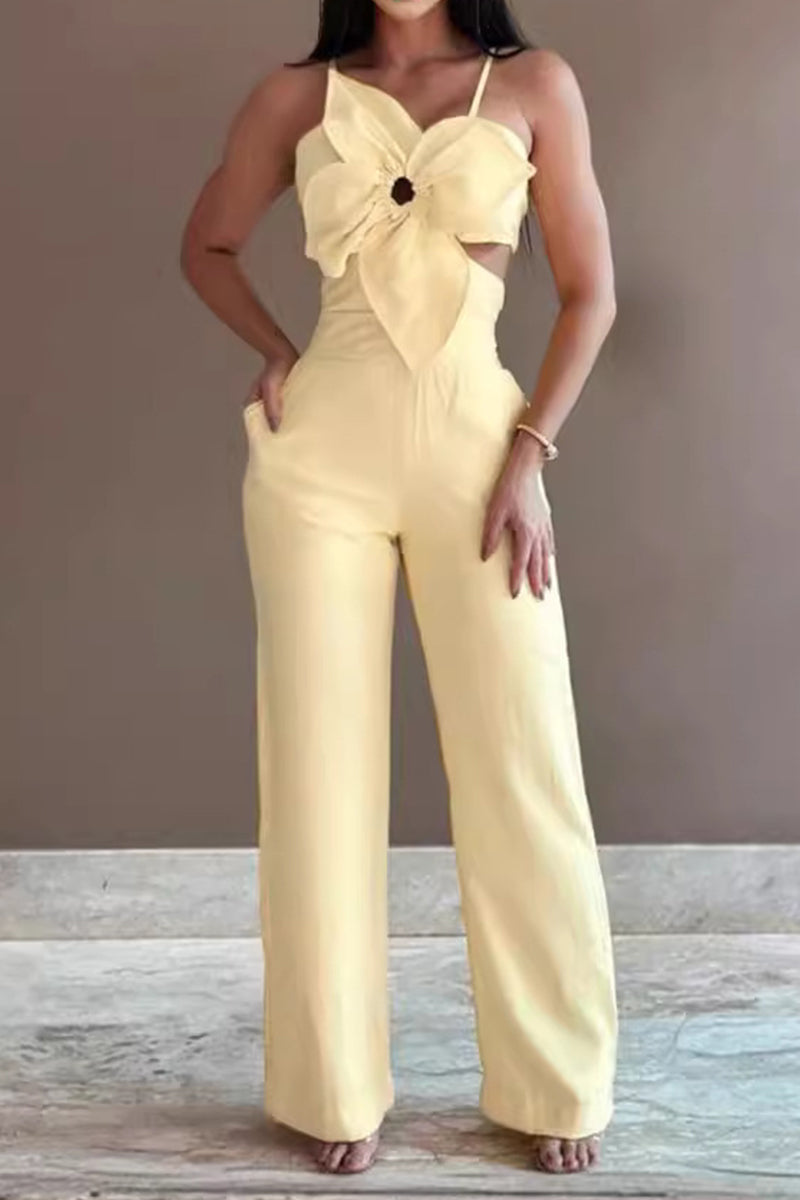 Hollowed Out Pocket Flowers Regular Jumpsuits