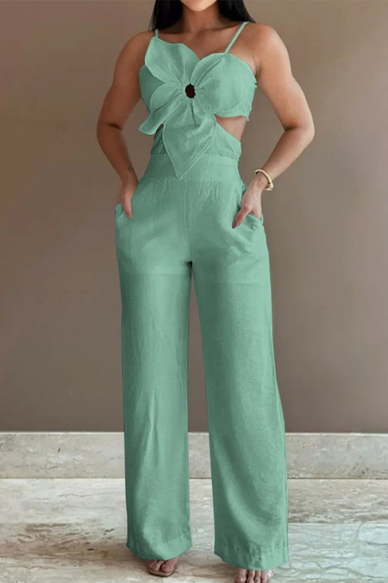 Hollowed Out Pocket Flowers Regular Jumpsuits