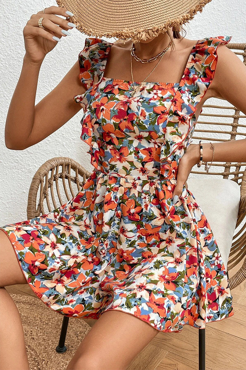 Frenulum Backless Flounce Square Collar Loose Rompers(4 Colors)