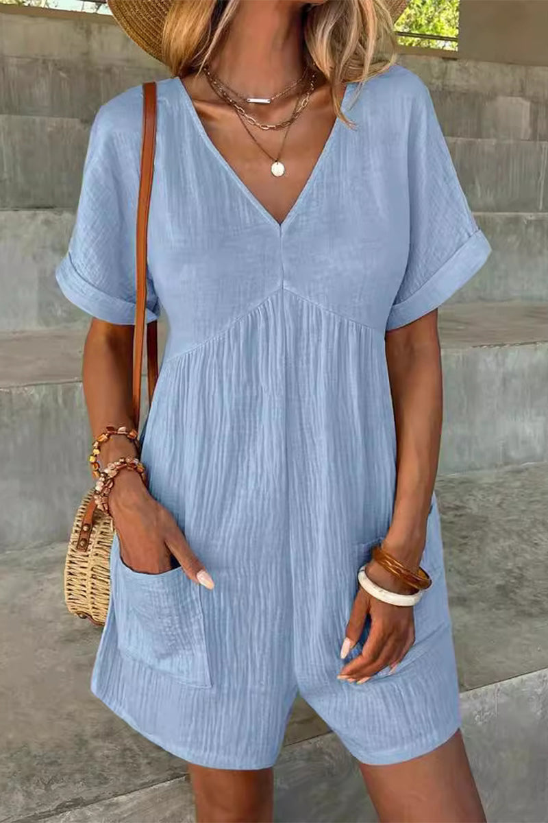Simplicity Pocket V Neck Loose Rompers(5 Colors)
