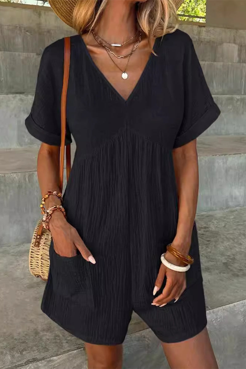 Simplicity Pocket V Neck Loose Rompers(5 Colors)