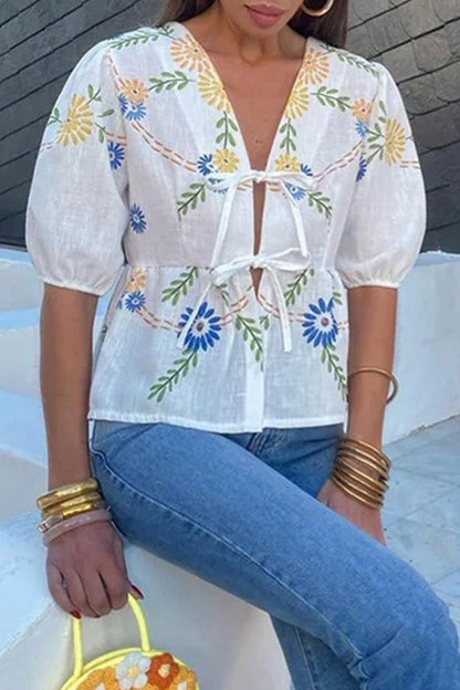 Print Flowers Frenulum V Neck Blouses