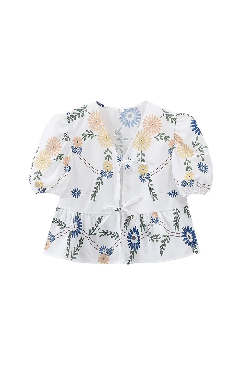 Print Flowers Frenulum V Neck Blouses