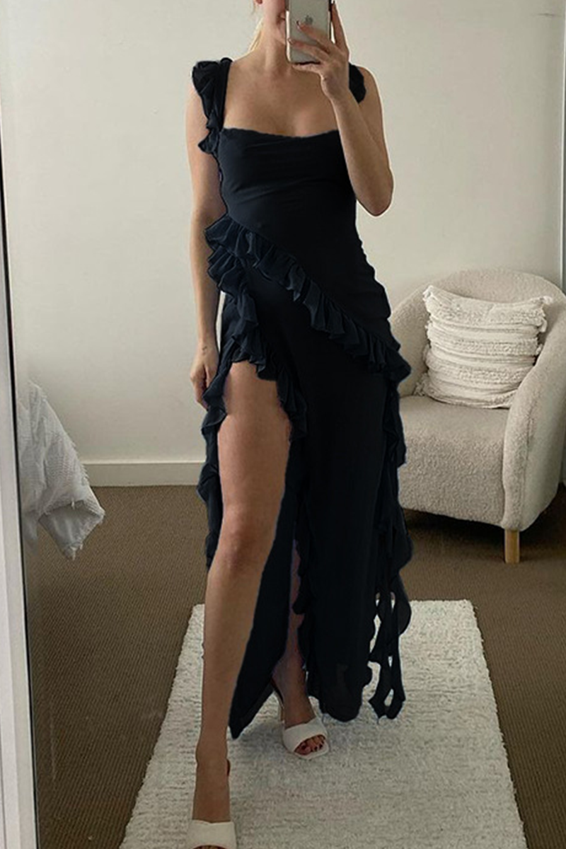 Patchwork Backless Slit Spaghetti Strap Long Dresses(3 Colors)