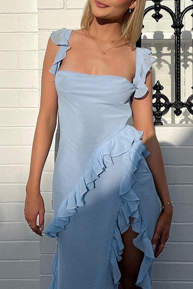 Patchwork Backless Slit Spaghetti Strap Long Dresses(3 Colors)