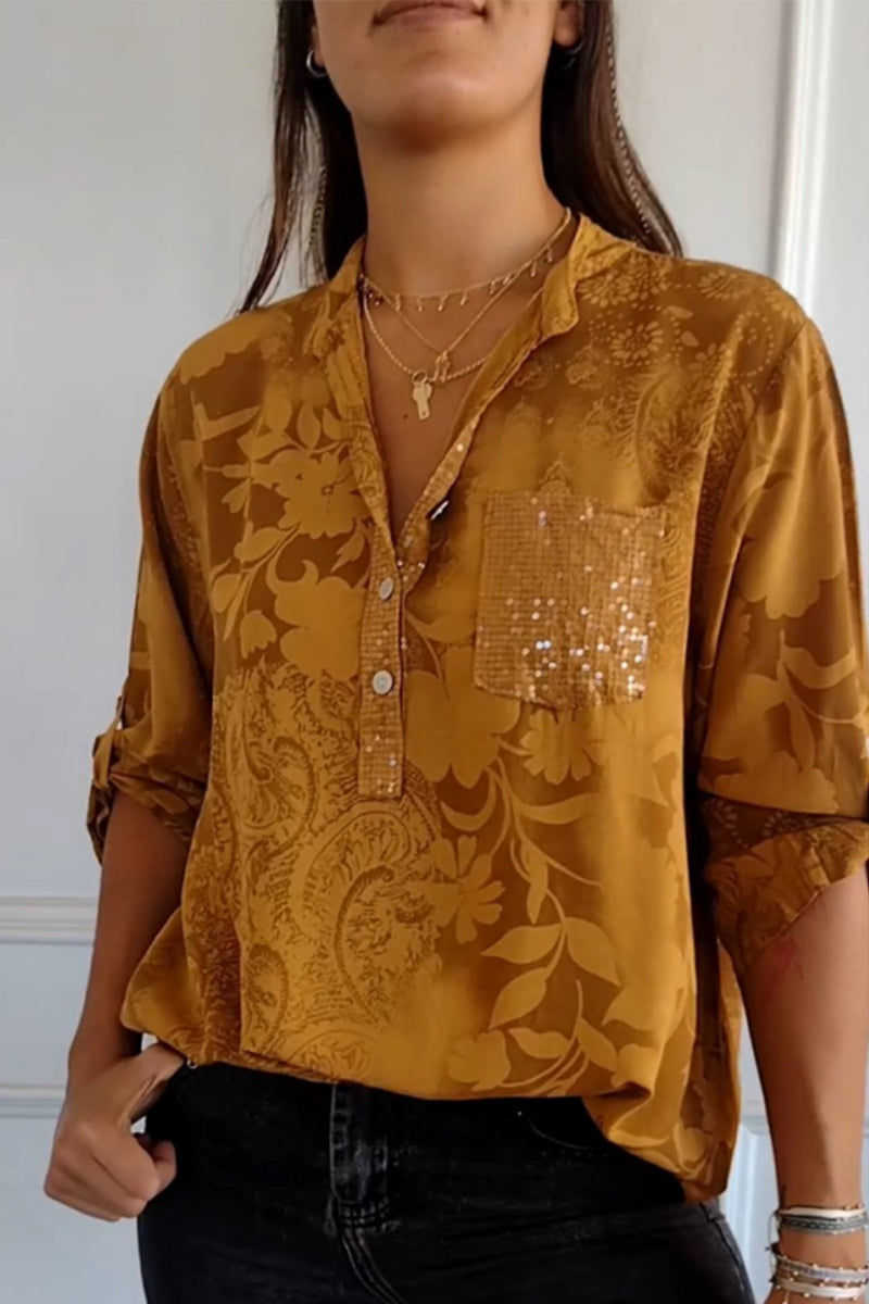 Pocket Contrast Mandarin Collar Blouses(10 Colors)