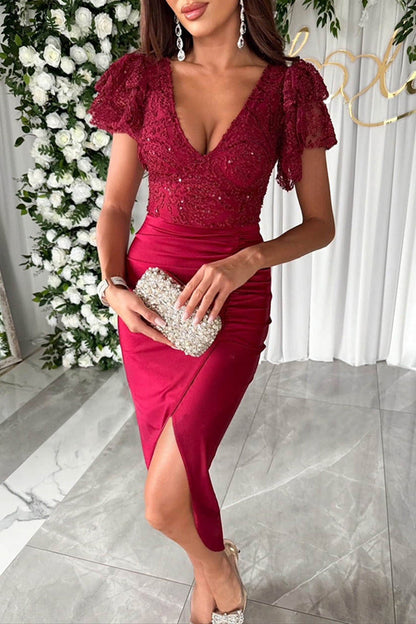 Celebrities Sequins Fold V Neck Wrapped Skirt Dresses
