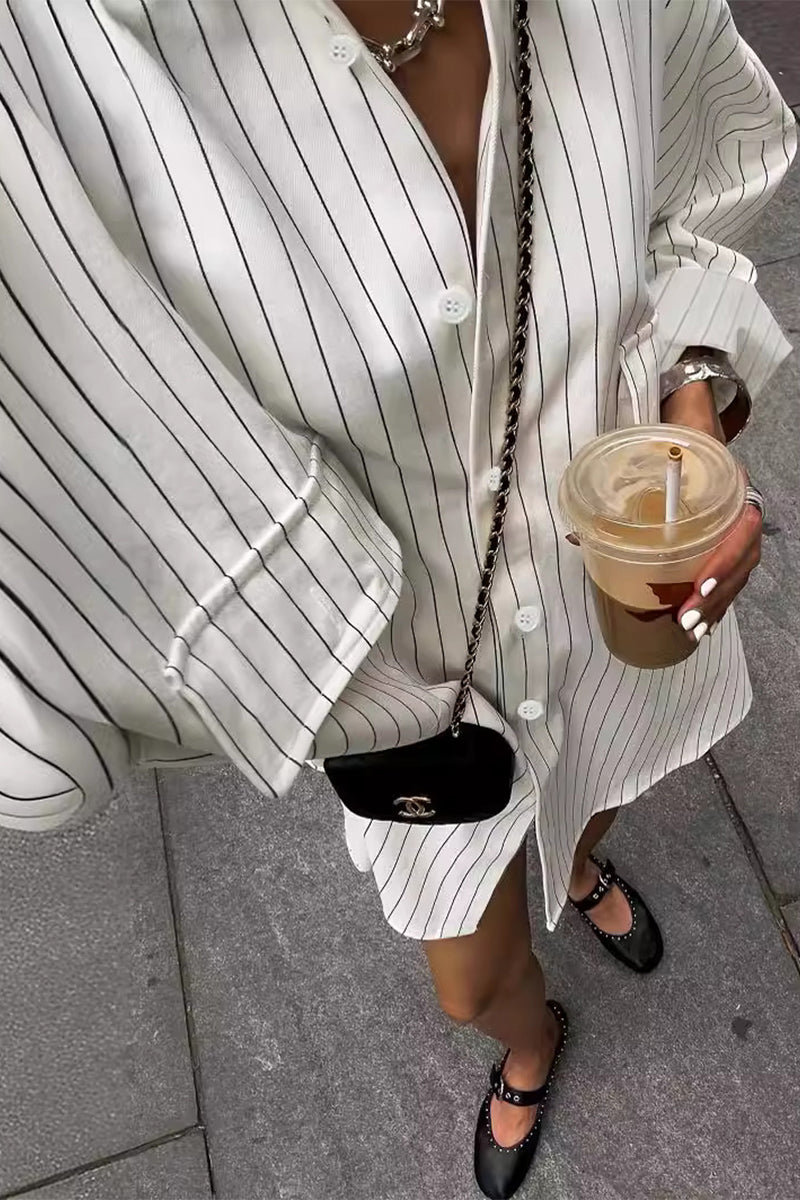 Striped Print Pocket Turndown Collar Blouses