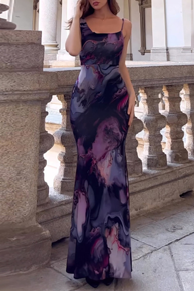 Gradient Print Square Collar One Step Skirt Dresses