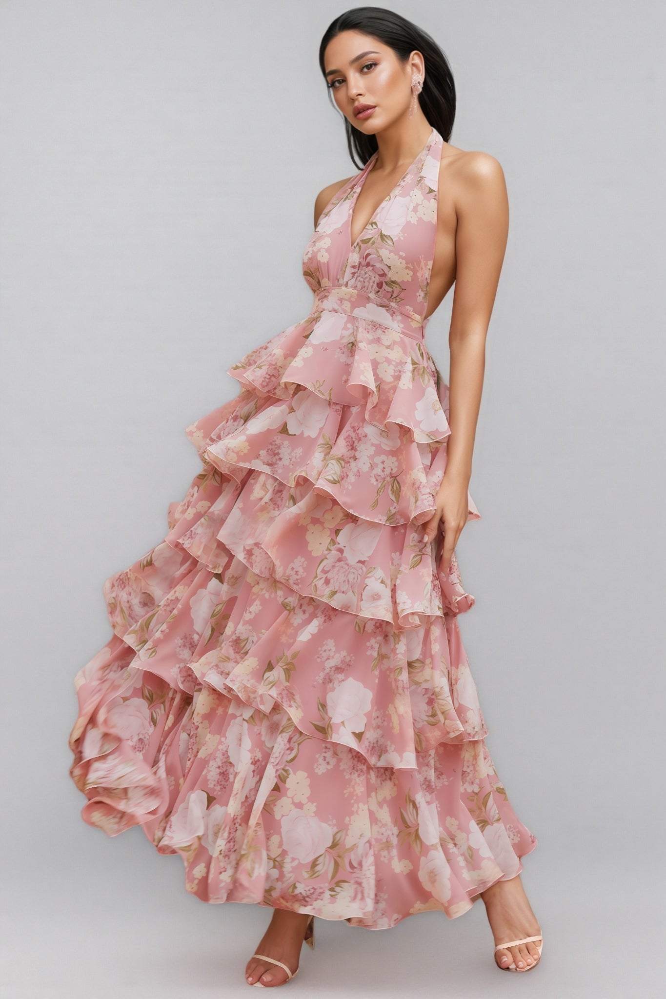 Isoldt Pink Open Back Tiered Maxi Dress