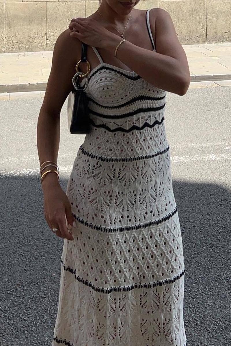 Hollowed Out Contrast Weave V Neck One Step Skirt Dresses