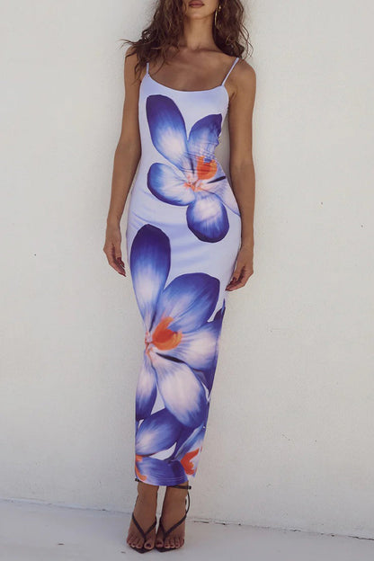 Print Flowers Square Collar One Step Skirt Dresses