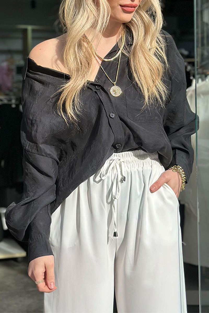Simplicity Pocket Turndown Collar Blouses(4 Colors)