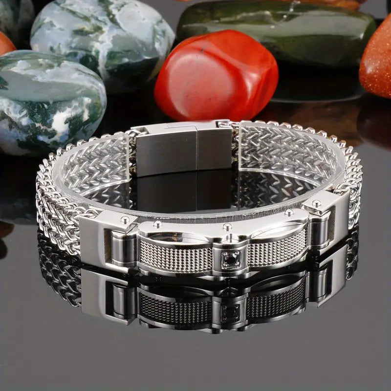 Titanium Steel Bracelet With Gemstone Inlay