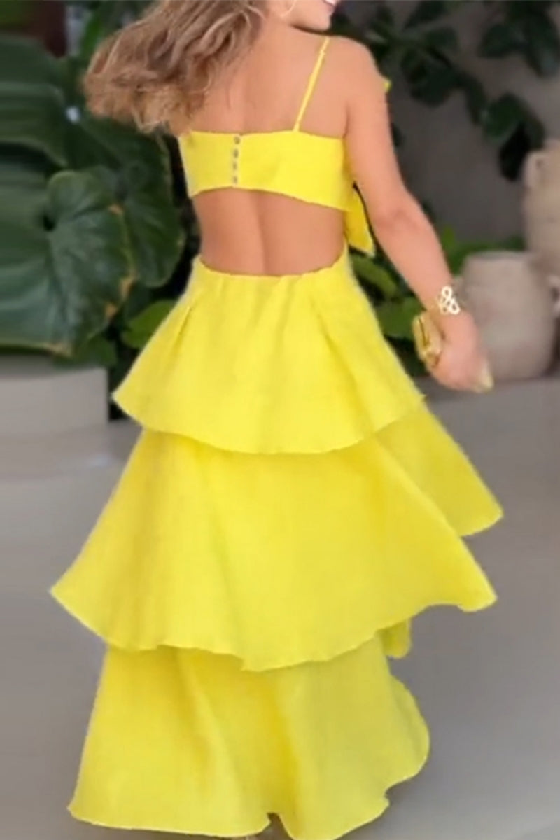 Patchwork Backless Spaghetti Strap Long Dresses