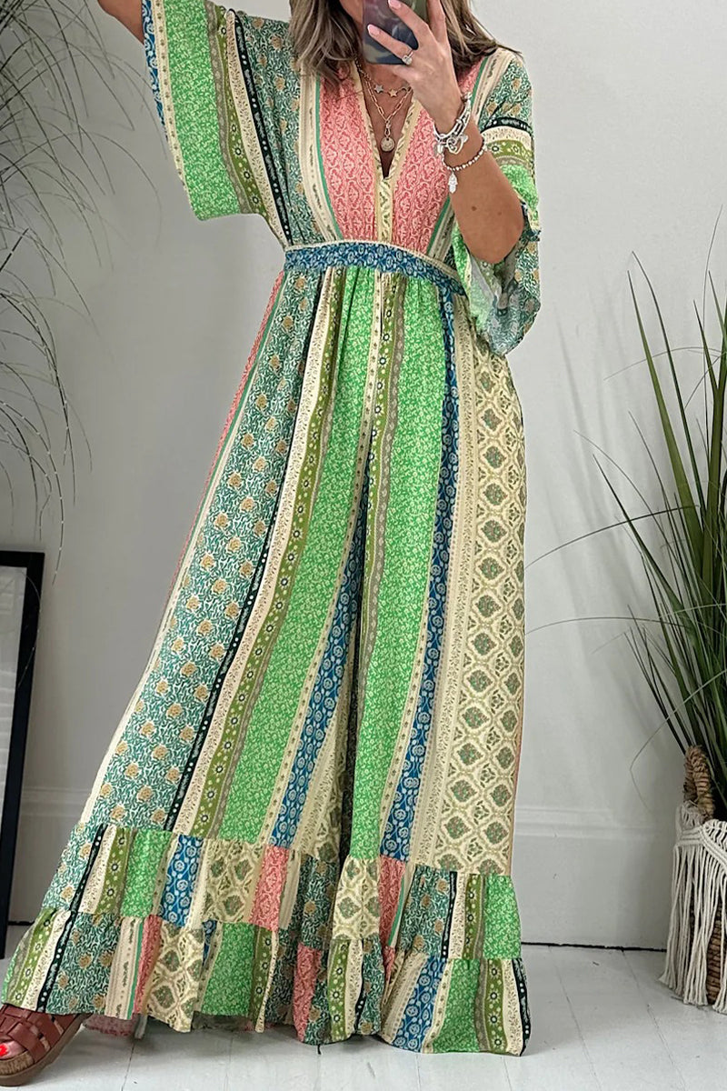 Geometric Print Pocket Frenulum Backless V Neck Loose Jumpsuits