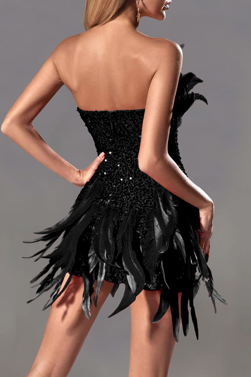Sequins Patchwork Feathers Zipper Strapless Wrapped Skirt Dresses