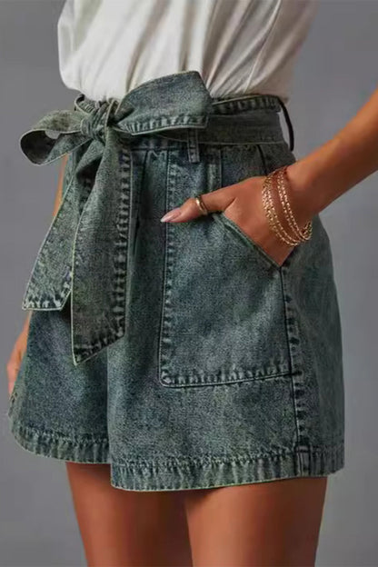 Bandage Make Old Pocket High Waist Denim Shorts