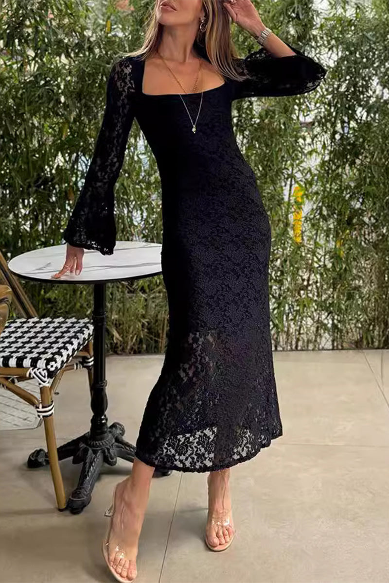 Lace Slit O Neck One Step Skirt Dresses