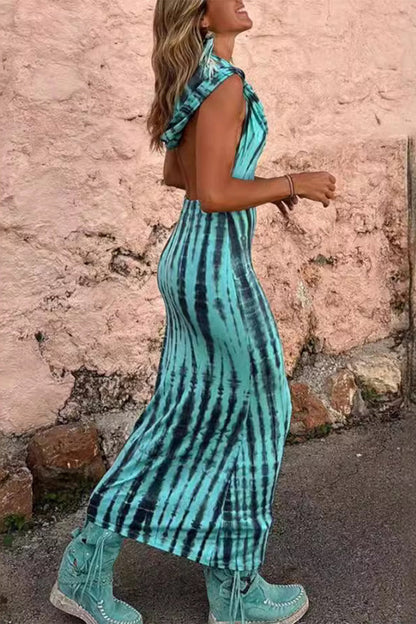 Geometric Print Backless Hooded Collar One Step Skirt Dresses(no Belt)