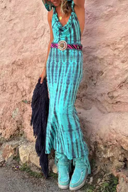 Geometric Print Backless Hooded Collar One Step Skirt Dresses(no Belt)