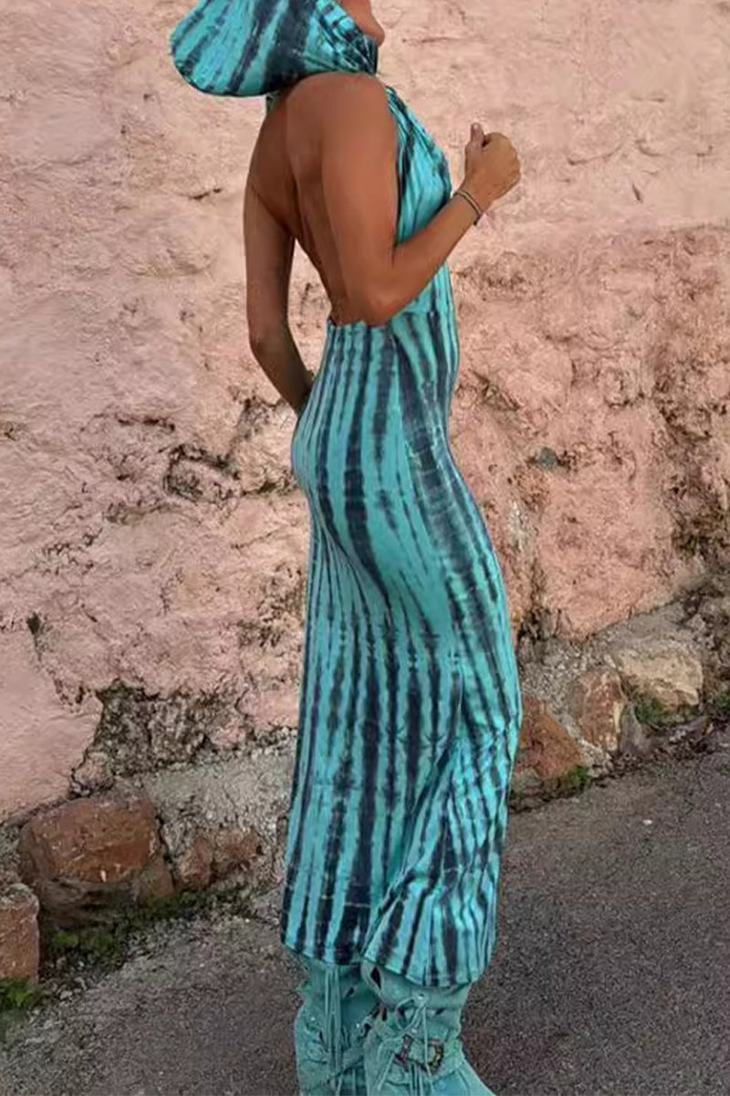 Geometric Print Backless Hooded Collar One Step Skirt Dresses(no Belt)