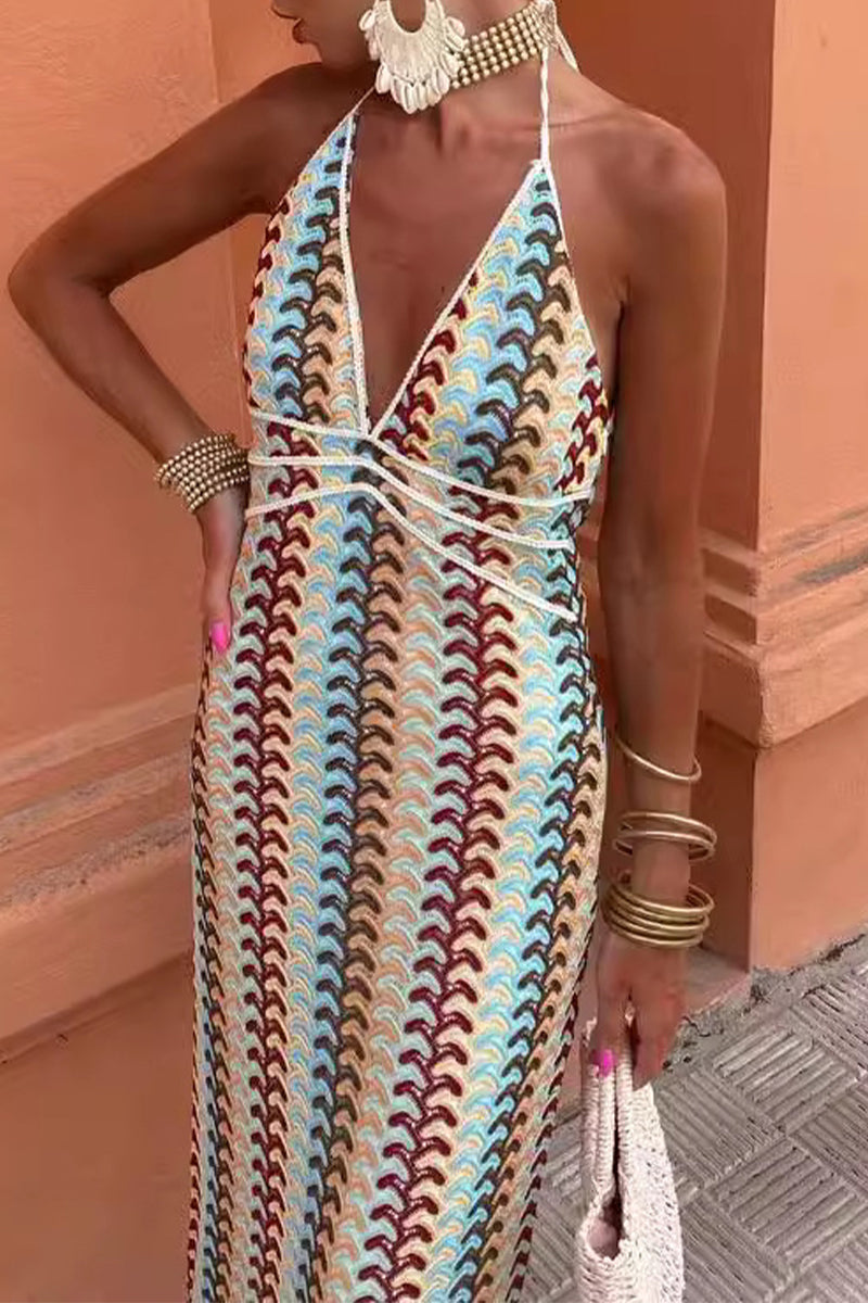 Colorblock Lace Up Backless Contrast V Neck One Step Skirt Dresses