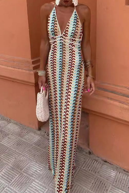 Colorblock Lace Up Backless Contrast V Neck One Step Skirt Dresses