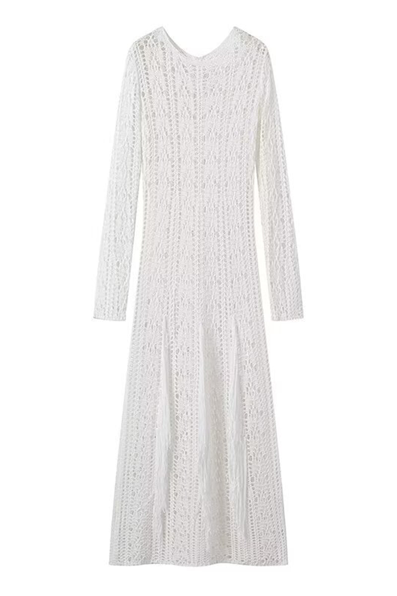 Color Hollow Out Tassel O Neck One Step Skirt Dresses